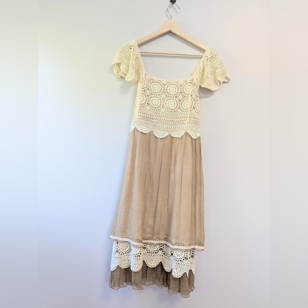 Dolce Cabo Crochet‎ Tiered Midi Dress Cottagecore Shabby Chic